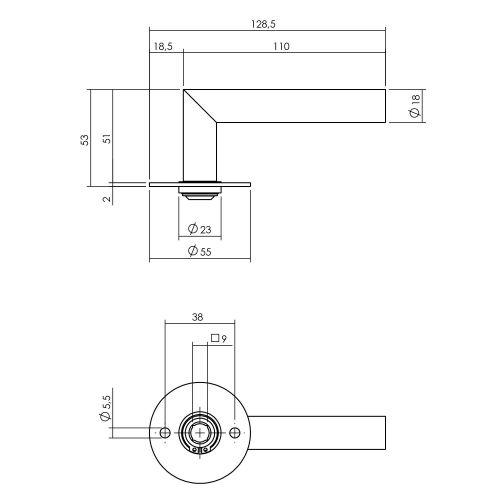 P+E 8673 gatdeel deurkruk Lmodel haaks 9 mm stift RVS geborsteld ZW